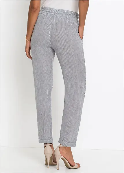 Pantaloni in misto lino molto femminili, con elastico in vita e risvolto - Blu / bianco a righe