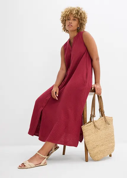 Abito da donna in mussola, estivo, in lino, con scollo a V, a tunica, in tinta unita, con bottoni, casual, a maniche lunghe, leggero, camicetta boho, abito da spiaggia, linea ad A