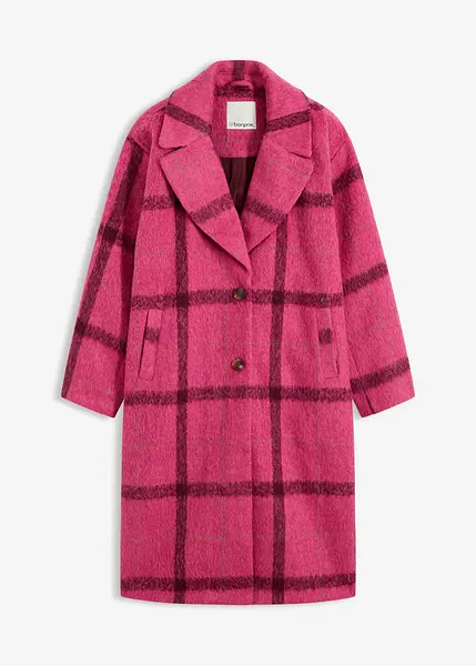 Cappotto Donna Invernale Lungo Misto Lana - Giacca A Vento Scozzese Rosa Con Tasche