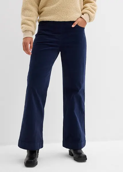 Pantaloni A Gamba Larga In Velluto A Coste Per Donna – Vita Alta, Autunno, Antivento, Colore Blu, Taglia 2XL, 100% Poliestere