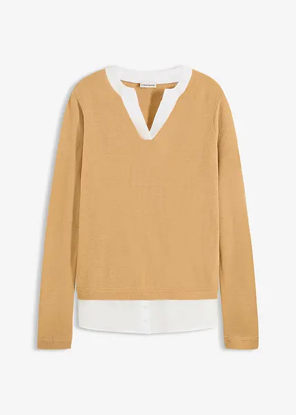 Maglione a maniche lunghe con inserti effetto camicia e scollo