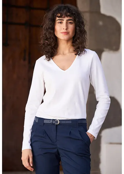 Khanomak T-Shirt Donna Manica Lunga Scollo A V - Basic In Cotone Morbido, Taglie S, Colore Come Da Foto