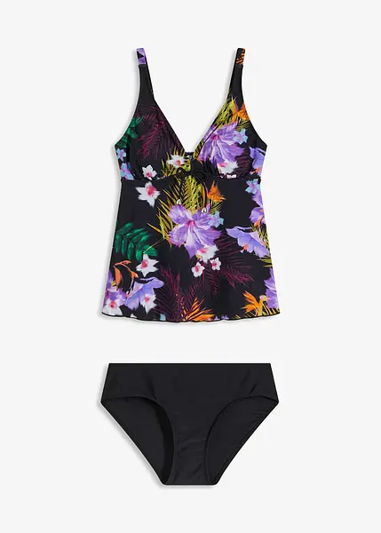 Hilor Tankini da donna con ferretto e scollo a V, incrociato, svasato e fluido, tankini, Floreale rosso e bianco, 44