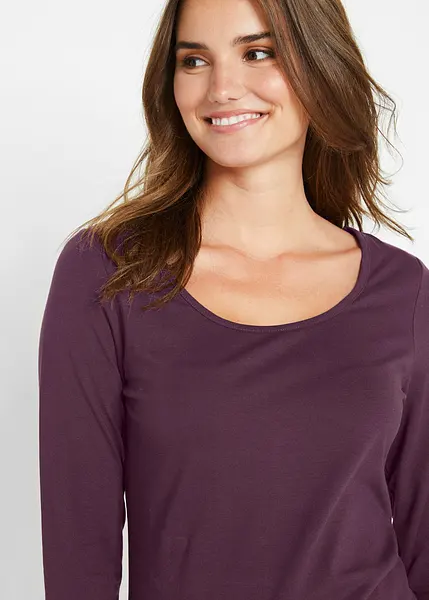 Maglietta Base Donna Maniche Lunghe Skinny Fit 1002, Scollo Rotondo In Viscosa Morbida, Top Aderente Multistagione, Colore Viola, Taglia S