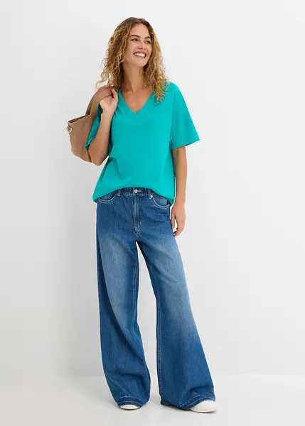 Maglietta Donna A Maniche Corte/Lunghe Con Scollo A V - Casual Larga In Cotone E Elastan - Vestibilità Comoda Dalla S Alla 2XL - 3
