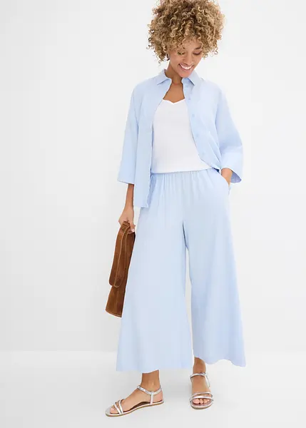 SCUSTY Pantaloni Lino Donna Culottes A Gamba Larga, Vita Alta Con Tasca, Capri Palazzo Boho, Blu Scuro Taglia L