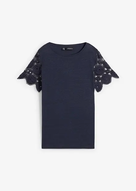Maglia in puro lino con maniche effetto uncinetto
