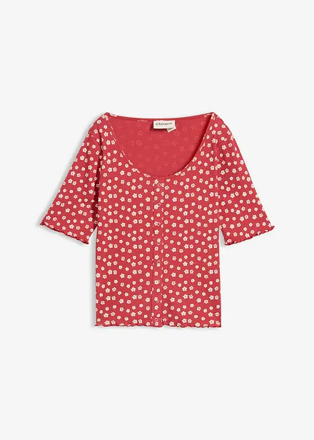 Maglia a costine a mezze maniche con stampa a fiori