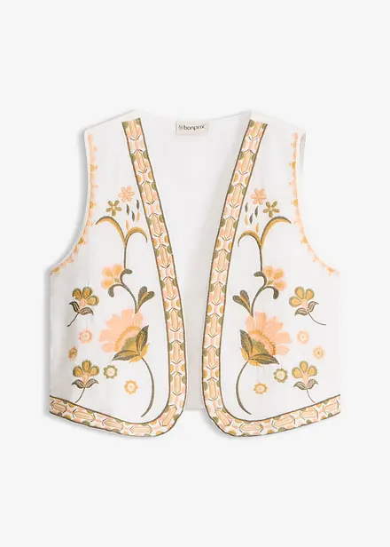 Gilet ricamato in misto lino vaporoso