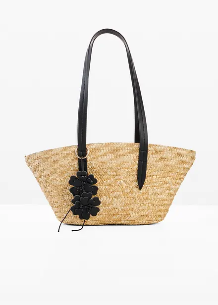 Borsa shopper effetto paglia con ciondolo a forma di fiori