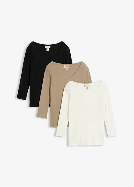 Maglia a costine in puro cotone biologico con maniche a 3/4 (pacco da 3)