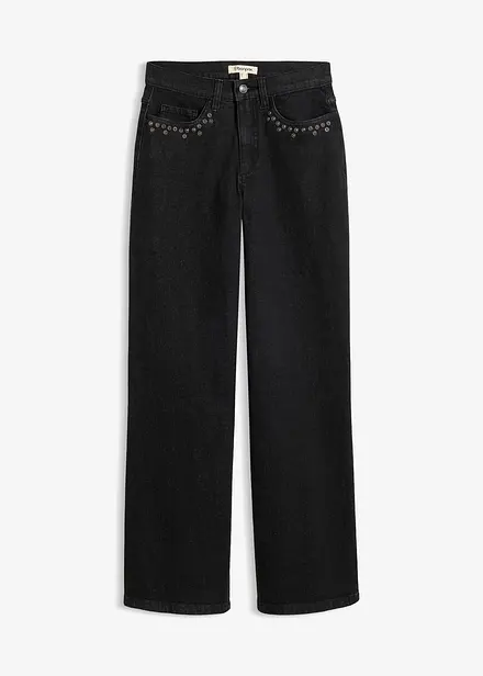 Jeans wide leg con borchiette, vita alta