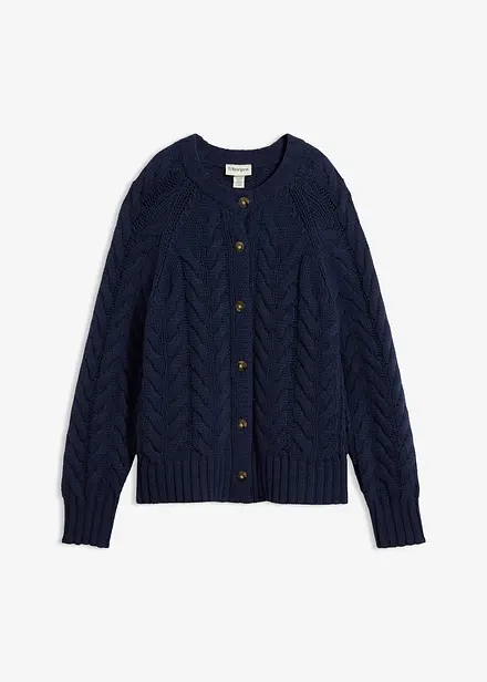 Cardigan in fine lana merino a maglia grossa con motivo a trecce