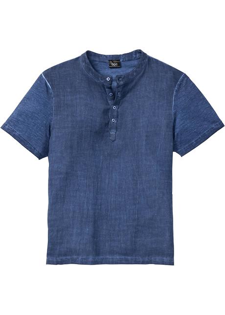 T-shirt con bottoncini allo scollo e davanti in misto lino - Indaco