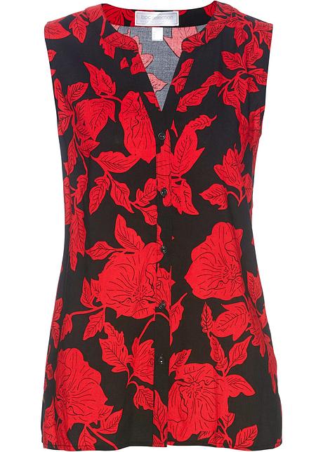 Blusa elegante con scollo a V - Nero / fragola fantasia