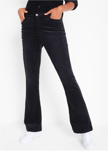 Pantaloni a zampa in velluto elasticizzato con cinta comoda Bonprix Donna Abbigliamento Pantaloni e jeans Pantaloni Pantaloni a zampa Nero 