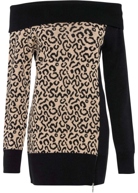 Maglione bicolore originale in filato fine - Nero / marrone chiaro  leopardato