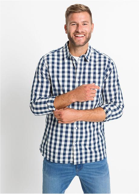 Camicia a maniche lunghe con taglio comfort e taschino - Bianco / blu scuro  a quadri