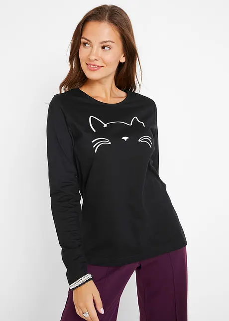 Maglia a maniche lunghe con gatto, bonprix