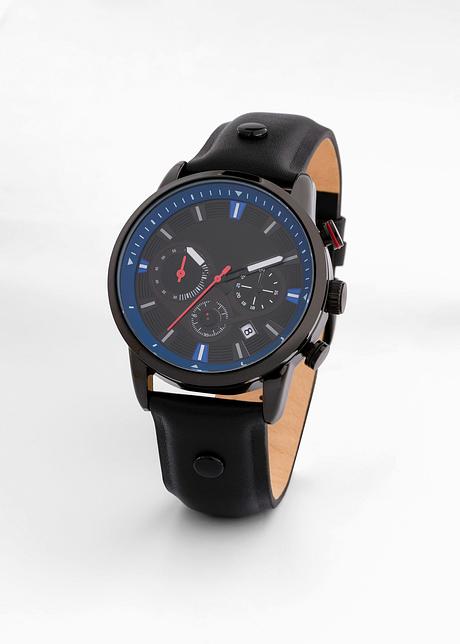 Cronografo maschile con cinturino in pelle - Nero / blu scuro