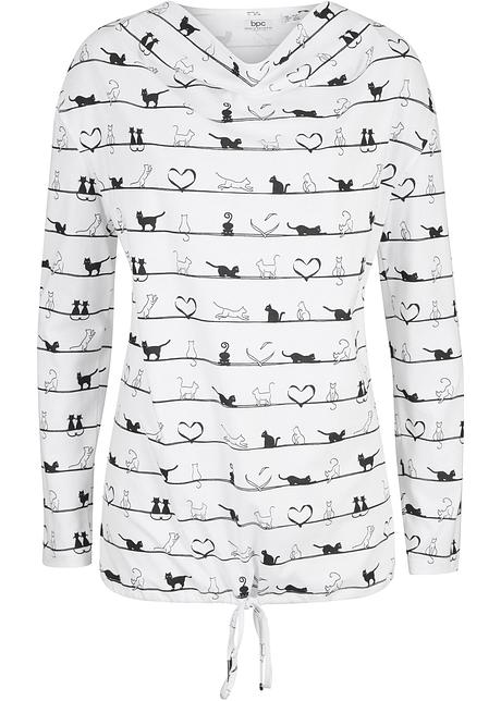 Maglia in cotone a maniche lunghe con collo a cascata e laccetto al fondo -  Nero / bianco a righe