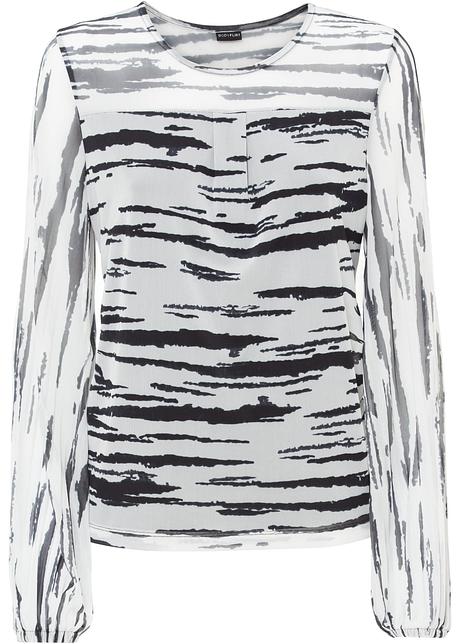 Maglia con bellissima fantasia e maniche lunghe plissettate. Parzialmente  foderata, con spalle e maniche trasparenti. Lunghezza ca. 60 cm. - Bianco  zebrato