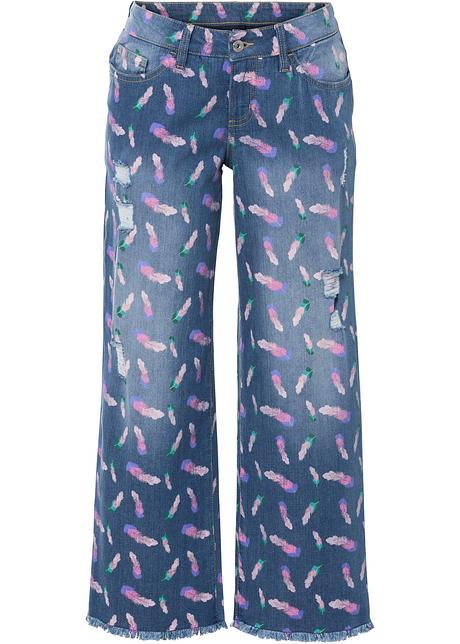 Culotte di jeans in bella fantasia di piume colorate - Blu stone fantasia
