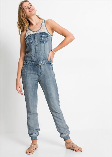 Tuta di jeans senza maniche con pizzo e tasche - Blu bleached / ecru