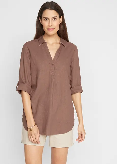 Blusa in misto lino con maniche a 3/4, bonprix