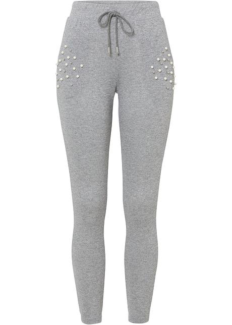 Pantaloni in felpa morbidi con perle - Grigio melange