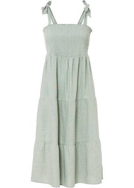 Moderno abito midi in misto lino con spalline regolabili - Verde fumé