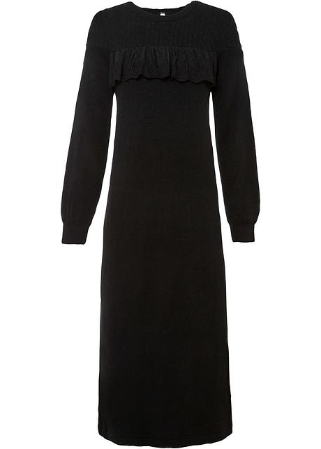 Abito lungo in maglia con ruches - Nero