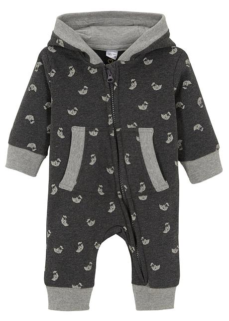 Tuta in felpa di cotone biologico con cappuccio - Antracite melange /  grigio chiaro melange fantasia