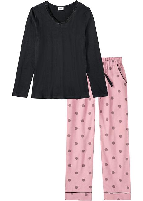Pigiama morbido con pantaloni in flanella - Nero / rosa fumé a pois