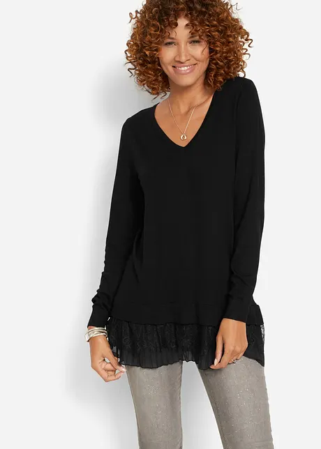 Maglione con pizzo e plissettatura, bonprix