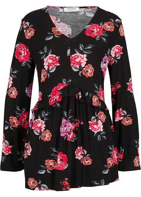 Maglia che dissimula le forme, con cucitura sotto il seno, in bella  fantasia - Nero a fiori