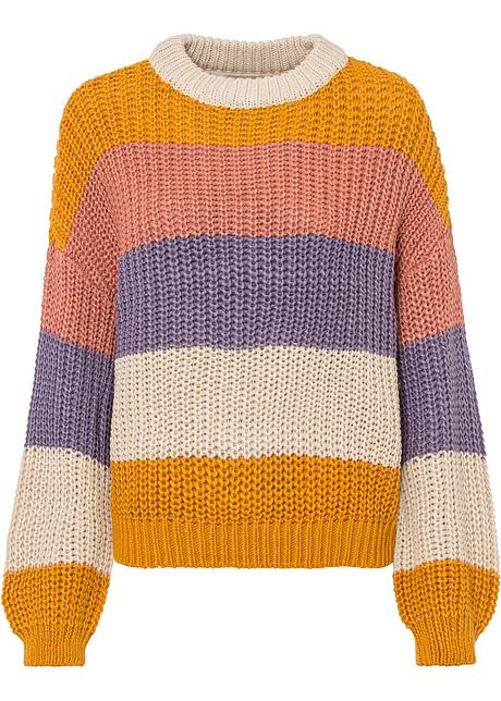Maglione in maglia grossa con righe colorate - Pesca fumé / viola fumé a  righe