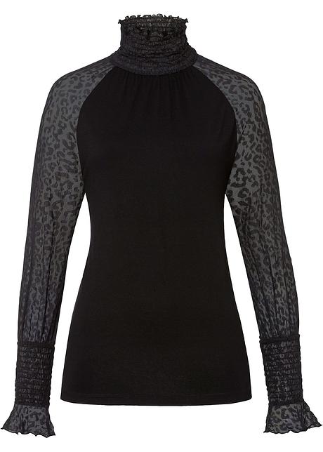 Maglia raffinata con lavorazione smock sulle maniche e sul collo in pizzo  trasparente. - Nero