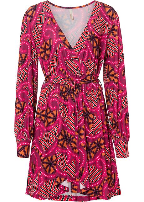 Abito ricco di stile con scollatura sensuale - Fucsia / arancione fantasia