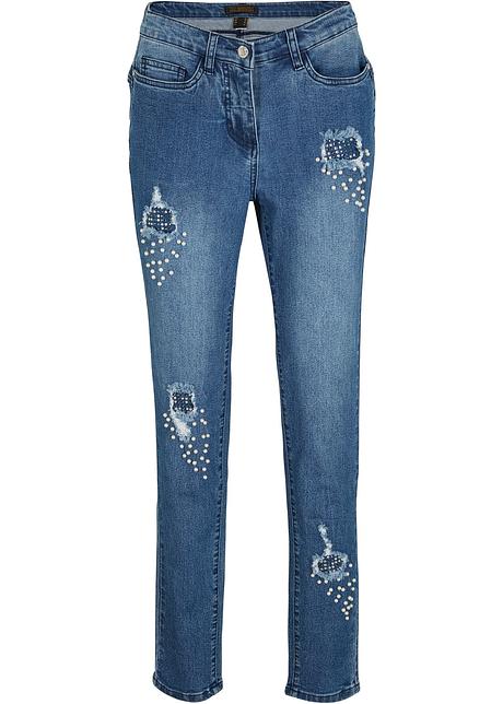 Jeans ricchi di stile con zone sdrucite decorate da perle - Blu denim used