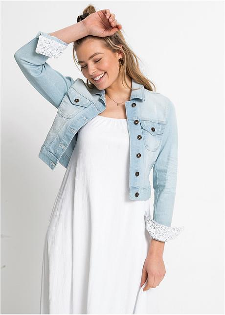 Giacca di jeans corta con dettagli di pizzo - Blu bleached