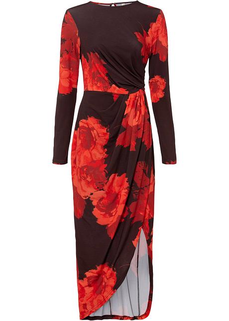 Abito elegante con spacco al lato - Marrone / rosso fantasia
