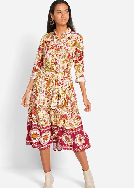 Bellissimo abito chemisier primaverile - Beige / nocciola / rosso tramonto  paisley