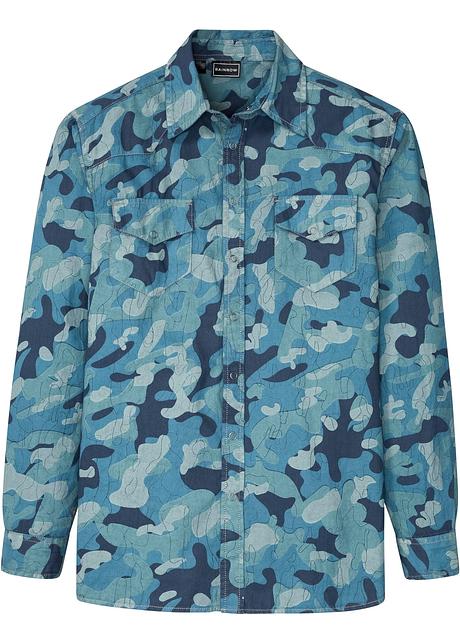 Camicia in jeans moderna con bottoni automatici e stampa mimetica - Blu  denim