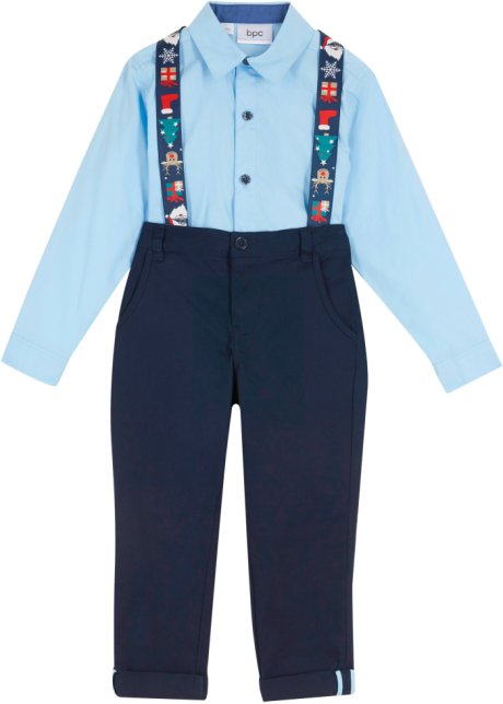 Bonprix Bambino Abbigliamento Pantaloni e jeans Pantaloni Pantaloni chinos set 3 pezzi bretelle pantaloni chino Camicia Blu 