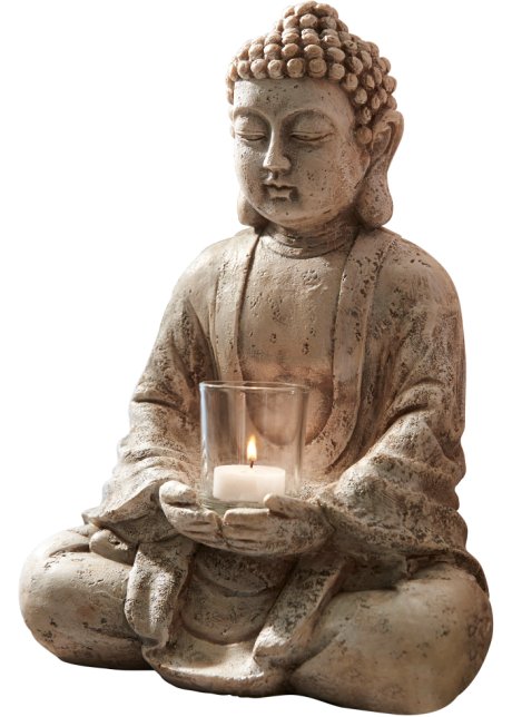 circa 14 cm x 16 cm x 44 cm Statuetta raffigurante Buddha da giardino con portacandela in mano in Resina Sintetica Buddha con portacandela 