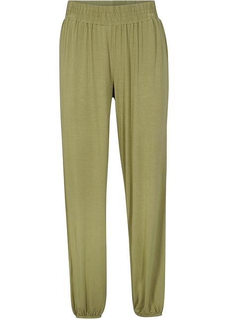 Pantaloni comodi in viscosa fluente con cinta comoda lavorata a punto smock  e elastico al fondo per un look casual - Verde oliva dorato