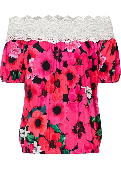 Maglia fantastica con bordo in pizzo - Fucsia a fiori
