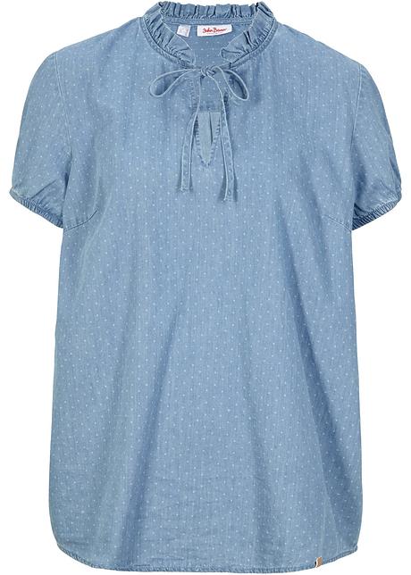 Blusa leggera con piccoli pois e arricciatura - Azzurro denim / bianco  panna a pois