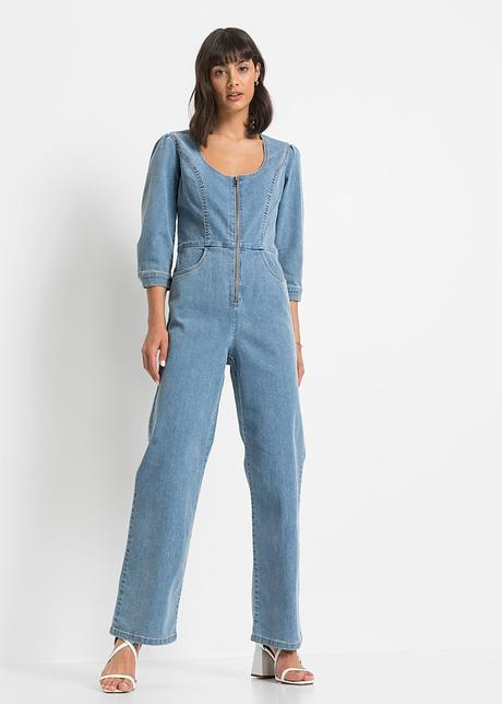 Tuta di jeans a gamba larga Bonprix Donna Abbigliamento Tute e salopette Salopette Blu 